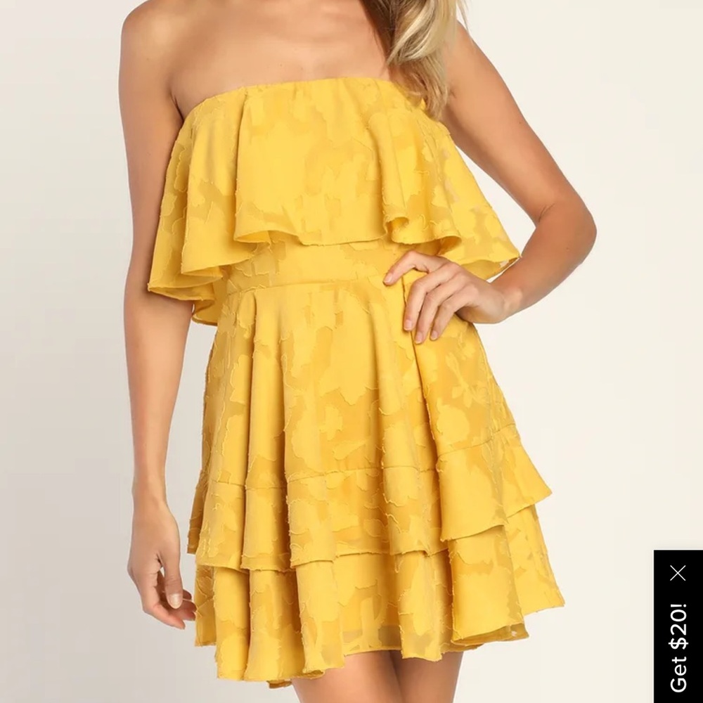 Lulus True Lover Mustard Yellow Burnout Floral Strapless Mini Dress Size Small